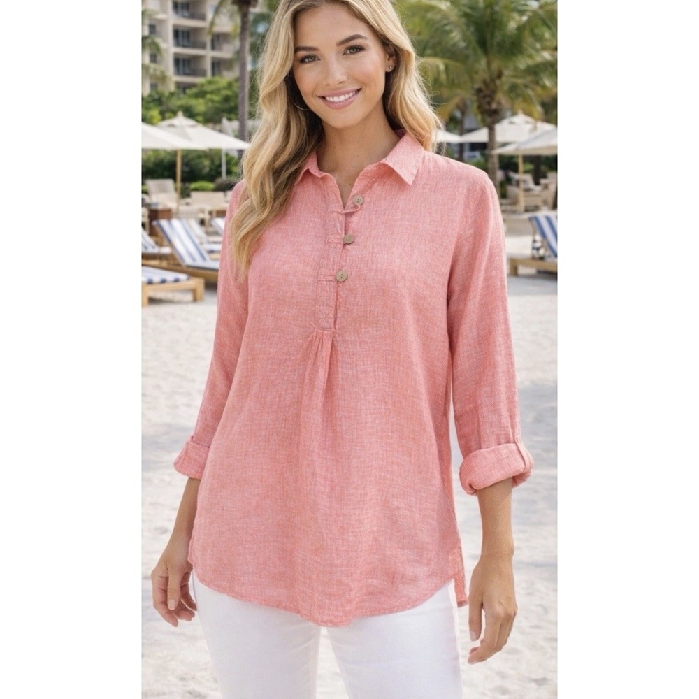 Singrid Olsen Coral Pink Linen Tunic Blouse Top Size 1X Coastal Cruise